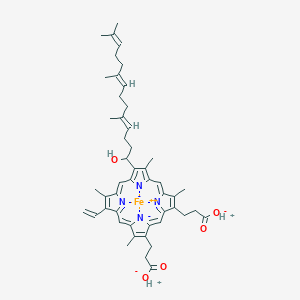 B139030 3-[18-(2-carboxylatoethyl)-7-ethenyl-12-[(4E,8E)-1-hydroxy-5,9,13-trimethyltetradeca-4,8,12-trienyl]-3,8,13,17-tetramethylporphyrin-21,23-diid-2-yl]propanoate;hydron;iron(2+) CAS No. 137397-56-9