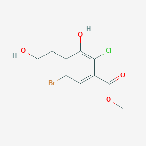 molecular formula C10H10BrClO4 B13911182 Methyl 5-bromo-2-chloro-3-hydroxy-4-(2-hydroxyethyl)benzoate 