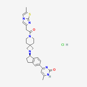 molecular formula C29H33ClN6O2S B13911288 6-methyl-4-[(1R)-1-[7-[2-(2-methylimidazo[2,1-b][1,3]thiazol-6-yl)acetyl]-2,7-diazaspiro[3.5]nonan-2-yl]-2,3-dihydro-1H-inden-5-yl]-1H-pyrimidin-2-one;hydrochloride 