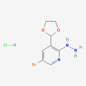 molecular formula C8H11BrClN3O2 B13924169 5-Bromo-3-(1,3-dioxolan-2-yl)-2-hydrazineylpyridine hydrochloride 