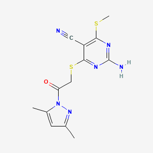 molecular formula C13H14N6OS2 B13927875 2-Amino-4-{[2-(3,5-dimethyl-1h-pyrazol-1-yl)-2-oxoethyl]thio}-6-(methylthio)pyrimidine-5-carbonitrile 