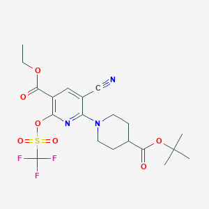 molecular formula C20H24F3N3O7S B13940036 Ethyl 6-[4-(tert-butoxycarbonyl)piperidin-1-yl]-5-cyano-2-{[(trifluoromethyl)sulfonyl]oxy}nicotinate 