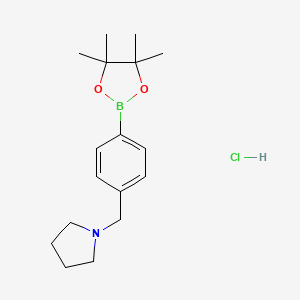 molecular formula C17H27BClNO2 B1396294 1-{[4-(Tetramethyl-1,3,2-dioxaborolan-2-yl)phenyl]methyl}pyrrolidine hydrochloride CAS No. 2096332-19-1