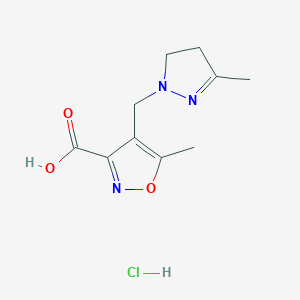 molecular formula C10H14ClN3O3 B1396369 5-methyl-4-[(3-methyl-4,5-dihydro-1H-pyrazol-1-yl)methyl]isoxazole-3-carboxylic acid hydrochloride CAS No. 1332529-08-4