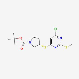 molecular formula C14H20ClN3O2S2 B13966493 (S)-3-(6-Chloro-2-methylsulfanyl-pyrimidin-4-ylsulfanyl)-pyrrolidine-1-carboxylic acid tert-butyl ester 