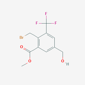 molecular formula C11H10BrF3O3 B13987571 Methyl2-(bromomethyl)-5-(hydroxymethyl)-3-(trifluoromethyl)benzoate 