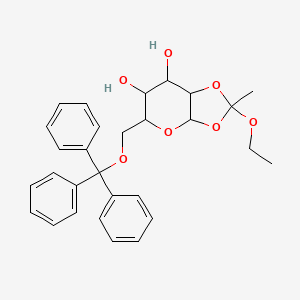 molecular formula C29H32O7 B13993520 2-ethoxy-2-methyl-5-(trityloxymethyl)-5,6,7,7a-tetrahydro-3aH-[1,3]dioxolo[4,5-b]pyran-6,7-diol CAS No. 67965-10-0