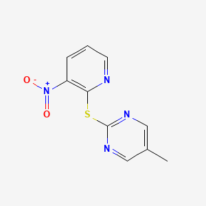 molecular formula C10H8N4O2S B13994780 Pyrimidine, 5-methyl-2-((3-nitro-2-pyridinyl)thio)- CAS No. 73768-47-5