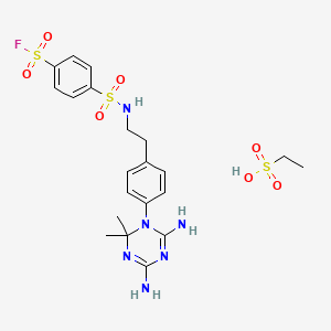 molecular formula C21H29FN6O7S3 B13999780 4-[2-[4-(4,6-Diamino-2,2-dimethyl-1,3,5-triazin-1-yl)phenyl]ethylsulfamoyl]benzenesulfonyl fluoride CAS No. 21316-22-3