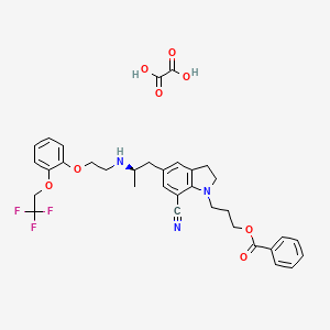 molecular formula C34H36F3N3O8 B1400383 (R)-3-(7-Cyano-5-(2-((2-(2-(2,2,2-trifluoroethoxy)phenoxy)ethyl)amino)propyl)indolin-1-yl)propyl benzoate oxalate CAS No. 885340-12-5