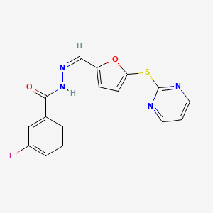 molecular formula C16H11FN4O2S B14004544 3-fluoro-N-[(Z)-(5-pyrimidin-2-ylsulfanylfuran-2-yl)methylideneamino]benzamide 