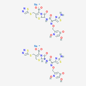 molecular formula C42H34N16Na2O16S8 B140073 5-Thia-1-azabicyclo(4.2.0)oct-2-ene-2-carboxylic acid, 7-(((2-amino-4-thiazolyl)(((1,4-dihydro-1,5-dihydroxy-4-oxo-2-pyridinyl)methoxy)imino)acetyl)amino)-8-oxo-3-((1,2,3-thiadiazol-5-ylthio)methyl)-, disodium salt, (6R-(6-alpha,7-beta(Z)))- CAS No. 133686-28-9