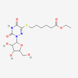 molecular formula C16H25N3O8S B14008303 Ethyl 6-[[2-[3,4-dihydroxy-5-(hydroxymethyl)oxolan-2-yl]-3,5-dioxo-1,2,4-triazin-6-yl]sulfanyl]hexanoate CAS No. 84608-17-3