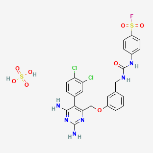 molecular formula C25H23Cl2FN6O8S2 B14009920 4-[[3-[[2,6-Diamino-5-(3,4-dichlorophenyl)pyrimidin-4-yl]methoxy]phenyl]methylcarbamoylamino]benzenesulfonyl fluoride; sulfuric acid CAS No. 25288-15-7