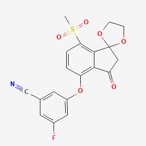 molecular formula C19H14FNO6S B14018127 3-Fluoro-5-((7-(methylsulfonyl)-3-oxo-2,3-dihydrospiro[indene-1,2'-[1,3]dioxolan]-4-YL)oxy)benzonitrile 