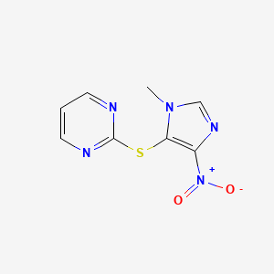 molecular formula C8H7N5O2S B14018648 Pyrimidine, 2((1-methyl-4-nitro-1H-imidazol-5-yl)thio)- CAS No. 75464-89-0