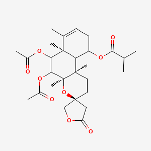 molecular formula C28H40O9 B14023847 [(3S,4aR,6aR,10bR)-5,6-diacetyloxy-4a,6a,7,10b-tetramethyl-2'-oxospiro[2,5,6,9,10,10a-hexahydro-1H-benzo[f]chromene-3,4'-oxolane]-10-yl] 2-methylpropanoate 