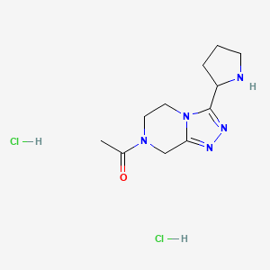 molecular formula C11H19Cl2N5O B1402427 1-(3-Pyrrolidin-2-yl-5,6-dihydro-8H-[1,2,4]triazolo-[4,3-a]pyrazin-7-yl)-ethanone dihydrochloride CAS No. 1361111-53-6