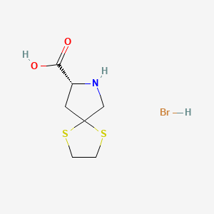 molecular formula C7H12BrNO2S2 B14024791 (8R)-1,4-Dithia-7-azaspiro[4.4]nonane-8-carboxylic acid hydrobromide 