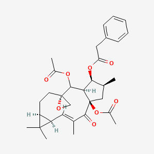 molecular formula C32H40O8 B14040010 [(1'R,2S,3'E,5'R,7'S,12'R,13'S,14'S)-1',11'-diacetyloxy-3',6',6',14'-tetramethyl-2'-oxospiro[oxirane-2,10'-tricyclo[10.3.0.05,7]pentadec-3-ene]-13'-yl] 2-phenylacetate 