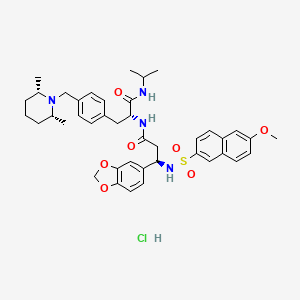 molecular formula C41H51ClN4O7S B14041384 (2R)-2-[[(3R)-3-(1,3-benzodioxol-5-yl)-3-[(6-methoxynaphthalen-2-yl)sulfonylamino]propanoyl]amino]-3-[4-[[(2S,6R)-2,6-dimethylpiperidin-1-yl]methyl]phenyl]-N-propan-2-ylpropanamide;hydrochloride 