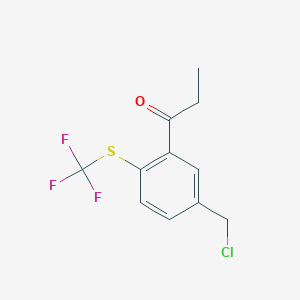 molecular formula C11H10ClF3OS B14044784 1-(5-(Chloromethyl)-2-(trifluoromethylthio)phenyl)propan-1-one 