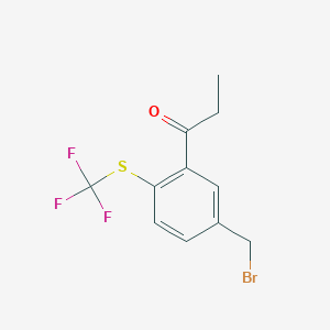 molecular formula C11H10BrF3OS B14045434 1-(5-(Bromomethyl)-2-(trifluoromethylthio)phenyl)propan-1-one 