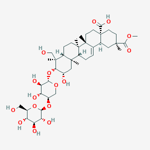 molecular formula C42H66O16 B14045868 (2R,4aR,6aR,6aS,6bR,8aR,9R,10R,11S,12aR,14bS)-10-[(2S,3R,4R,5R)-3,4-dihydroxy-5-[(2S,3R,4S,5S,6R)-3,4,5-trihydroxy-6-(hydroxymethyl)oxan-2-yl]oxyoxan-2-yl]oxy-11-hydroxy-9-(hydroxymethyl)-2-methoxycarbonyl-2,6a,6b,9,12a-pentamethyl-1,3,4,5,6,6a,7,8,8a,10,11,12,13,14b-tetradecahydropicene-4a-carboxylic acid 