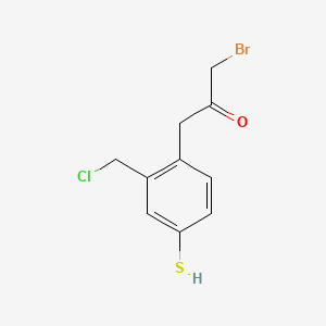 molecular formula C10H10BrClOS B14048671 1-Bromo-3-(2-(chloromethyl)-4-mercaptophenyl)propan-2-one 