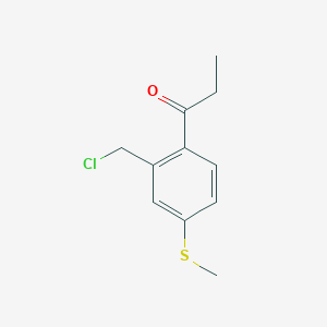 molecular formula C11H13ClOS B14050076 1-(2-(Chloromethyl)-4-(methylthio)phenyl)propan-1-one 