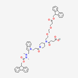 molecular formula C59H65N5O10 B14050178 12-(1-(3-(2-((2-(((9H-fluoren-9-yl)methoxy)carbonyl)-1,2-dimethylhydrazineyl)methyl)-1H-indol-1-yl)propanoyl)piperidin-4-yl)-1-(9H-fluoren-9-yl)-3,13-dioxo-2,6,9-trioxa-12-azahexadecan-16-oic acid 