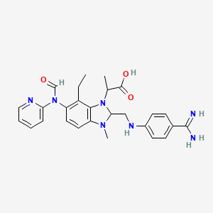 molecular formula C27H31N7O3 B14050658 2-(2-((4-Carbamimidoylphenylamino)methyl)-7-ethyl-3-methyl-6-(N-(pyridin-2-yl)formamido)-2,3-dihydro-1H-benzo[d]imidazol-1-yl)propanoic acid 