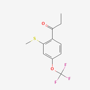 molecular formula C11H11F3O2S B14052170 1-(2-(Methylthio)-4-(trifluoromethoxy)phenyl)propan-1-one 