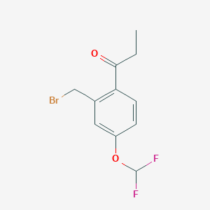 molecular formula C11H11BrF2O2 B14052396 1-(2-(Bromomethyl)-4-(difluoromethoxy)phenyl)propan-1-one 