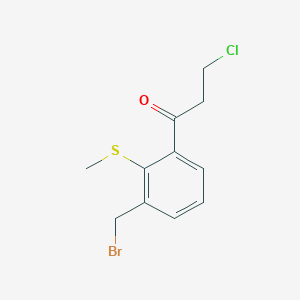 molecular formula C11H12BrClOS B14053052 1-(3-(Bromomethyl)-2-(methylthio)phenyl)-3-chloropropan-1-one 