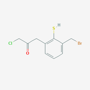 molecular formula C10H10BrClOS B14053319 1-(3-(Bromomethyl)-2-mercaptophenyl)-3-chloropropan-2-one 