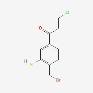 molecular formula C10H10BrClOS B14055313 1-(4-(Bromomethyl)-3-mercaptophenyl)-3-chloropropan-1-one 