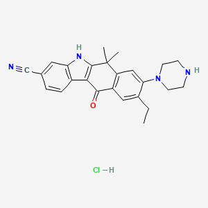 molecular formula C25H27ClN4O B14055480 9-ethyl-6,6-dimethyl-11-oxo-8-(piperazin-1-yl)-6,11-dihydro-5H-benzo[b]carbazole-3-carbonitrile hydrochloride 