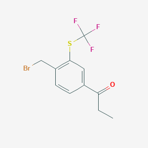 molecular formula C11H10BrF3OS B14057267 1-(4-(Bromomethyl)-3-(trifluoromethylthio)phenyl)propan-1-one 