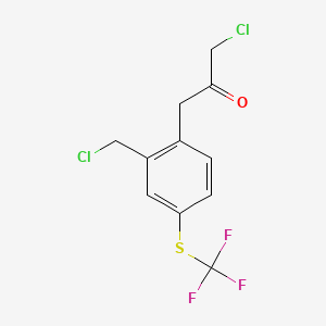 molecular formula C11H9Cl2F3OS B14061507 1-Chloro-3-(2-(chloromethyl)-4-(trifluoromethylthio)phenyl)propan-2-one 