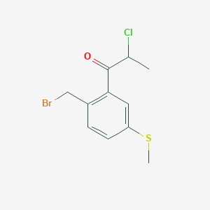 molecular formula C11H12BrClOS B14062531 1-(2-(Bromomethyl)-5-(methylthio)phenyl)-2-chloropropan-1-one 