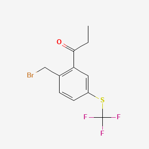 molecular formula C11H10BrF3OS B14064145 1-(2-(Bromomethyl)-5-(trifluoromethylthio)phenyl)propan-1-one 