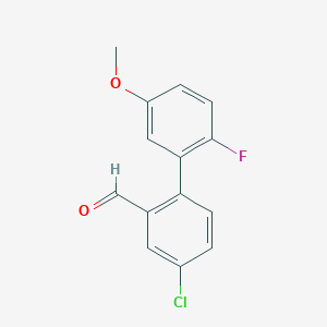 molecular formula C14H10ClFO2 B1406462 4-氯-2'-氟-5'-甲氧基-[1,1'-联苯]-2-甲醛 CAS No. 1623144-61-5