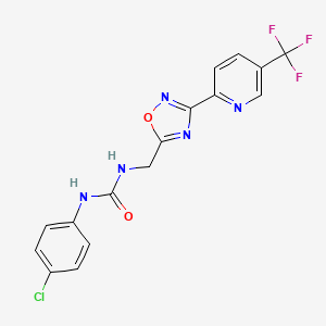molecular formula C16H11ClF3N5O2 B1406603 1-(4'-Chlorophenyl)-3-[3''-(5'''-(trifluoromethyl)pyridin-2'''-yl)--[1'',2'',4'']oxadiazol-5''-ylmethyl]urea CAS No. 1311279-56-7