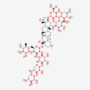 molecular formula C75H118O39 B14077506 (2S,3S,4S,5R,6R)-6-[[(3S,4S,6aR,6bS,8aS,12aS,14bR)-8a-[(2S,3R,4S,5R,6R)-3-[(2S,3R,4S,5R,6S)-5-[(2S,3R,4S,5R)-3,5-dihydroxy-4-[(2S,3R,4S,5R)-3,4,5-trihydroxyoxan-2-yl]oxyoxan-2-yl]oxy-3,4-dihydroxy-6-methyloxan-2-yl]oxy-4-hydroxy-6-methyl-5-[(2S,3R,4S,5S,6R)-3,4,5-trihydroxy-6-methyloxan-2-yl]oxyoxan-2-yl]oxycarbonyl-4-formyl-4,6a,6b,11,11,14b-hexamethyl-1,2,3,4a,5,6,7,8,9,10,12,12a,14,14a-tetradecahydropicen-3-yl]oxy]-3-hydroxy-5-[(2S,3R,4S,5R,6R)-3,4,5-trihydroxy-6-(hydroxymethyl)oxan-2-yl]oxy-4-[(2S,3R,4S,5R)-3,4,5-trihydroxyoxan-2-yl]oxyoxane-2-carboxylic acid 