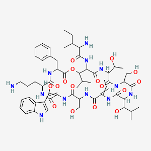 molecular formula C57H82N12O16 B14080372 2-amino-N-[6-(3-aminopropyl)-3-benzyl-15-ethylidene-24-(1-hydroxyethyl)-9-[hydroxy(1H-indol-3-yl)methylidene]-12,21-bis(hydroxymethyl)-18-(1-hydroxy-2-methylpropyl)-2,5,8,11,14,17,20,23,26-nonaoxo-28-propan-2-yl-1-oxa-4,7,10,13,16,19,22,25-octazacyclooctacos-27-yl]-3-methylpentanamide 