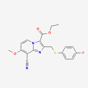 molecular formula C19H16FN3O3S B1408133 Ethyl 8-cyano-2-((4-fluorophenylthio)methyl)-7-methoxyimidazo[1,2-a]pyridine-3-carboxylate CAS No. 1704066-57-8