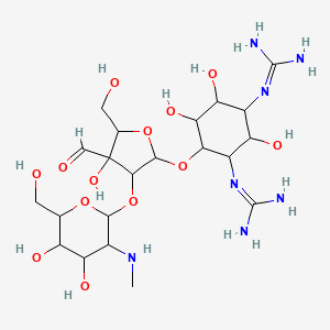 molecular formula C21H39N7O13 B14081430 N,N'-Bis(aminoiminomethyl)-4-O-[2-O-(2-deoxy-2-methylamino-alpha-L-glucopyranosyl)-3-C-formyl-alpha-L-lyxofuranosyl]-D-streptamine 