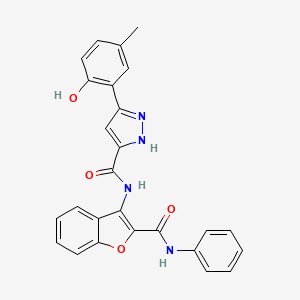 5-(2-hydroxy-5-methylphenyl)-N-[2-(phenylcarbamoyl)-1-benzofuran-3-yl]-1H-pyrazole-3-carboxamide