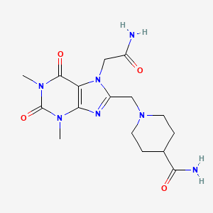 molecular formula C16H23N7O4 B14092459 1-{[7-(2-amino-2-oxoethyl)-1,3-dimethyl-2,6-dioxo-2,3,6,7-tetrahydro-1H-purin-8-yl]methyl}piperidine-4-carboxamide 